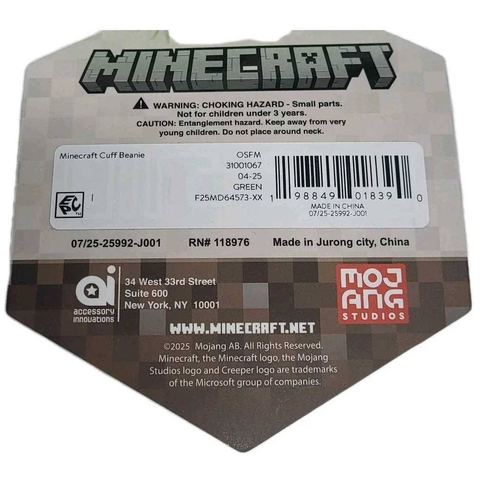Minecraft Creeper Striped Ribbed‎ Cuffed Beanie Hat NWT Cozy Winter Wear Gift